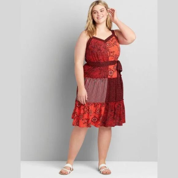 Lane Bryant Red Patchwork Sleeveless Dress 20 - Picture 3 of 16
